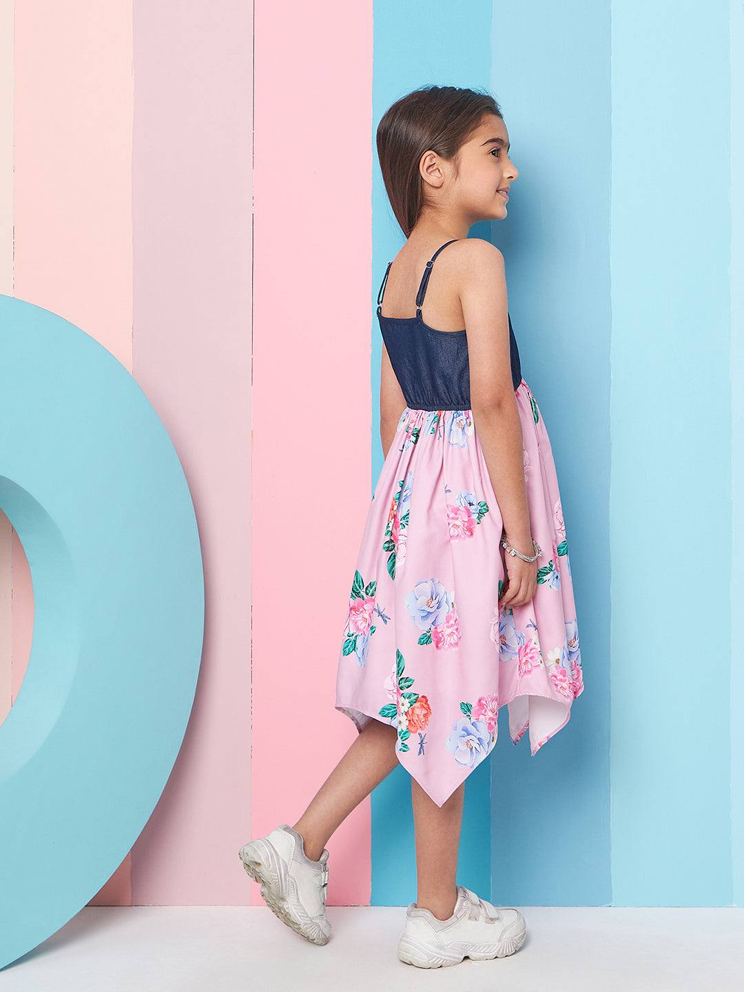 Girl's Shoulder Straps Floral Print Denim A-Line Midi Blue Dress Effortlessly Stylish for Trendy Teens (d-denimlilac)