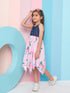 Girl's Shoulder Straps Floral Print Denim A-Line Midi Blue Dress Effortlessly Stylish for Trendy Teens (d-denimlilac)