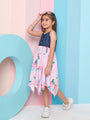 Girl's Shoulder Straps Floral Print Denim A-Line Midi Blue Dress Effortlessly Stylish for Trendy Teens (d-denimlilac)