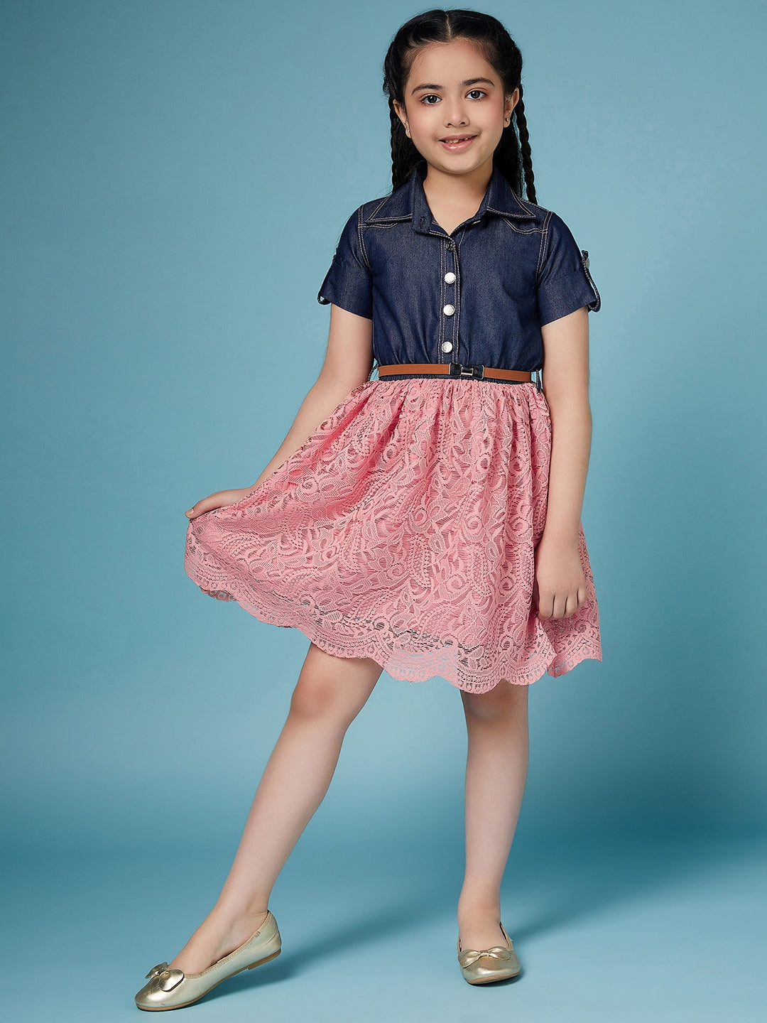 Girls Laced Floral Denim Shirt Dress (d-denimpink)