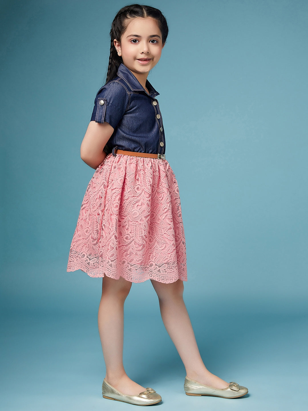 Girls Laced Floral Denim Shirt Dress (d-denimpink)