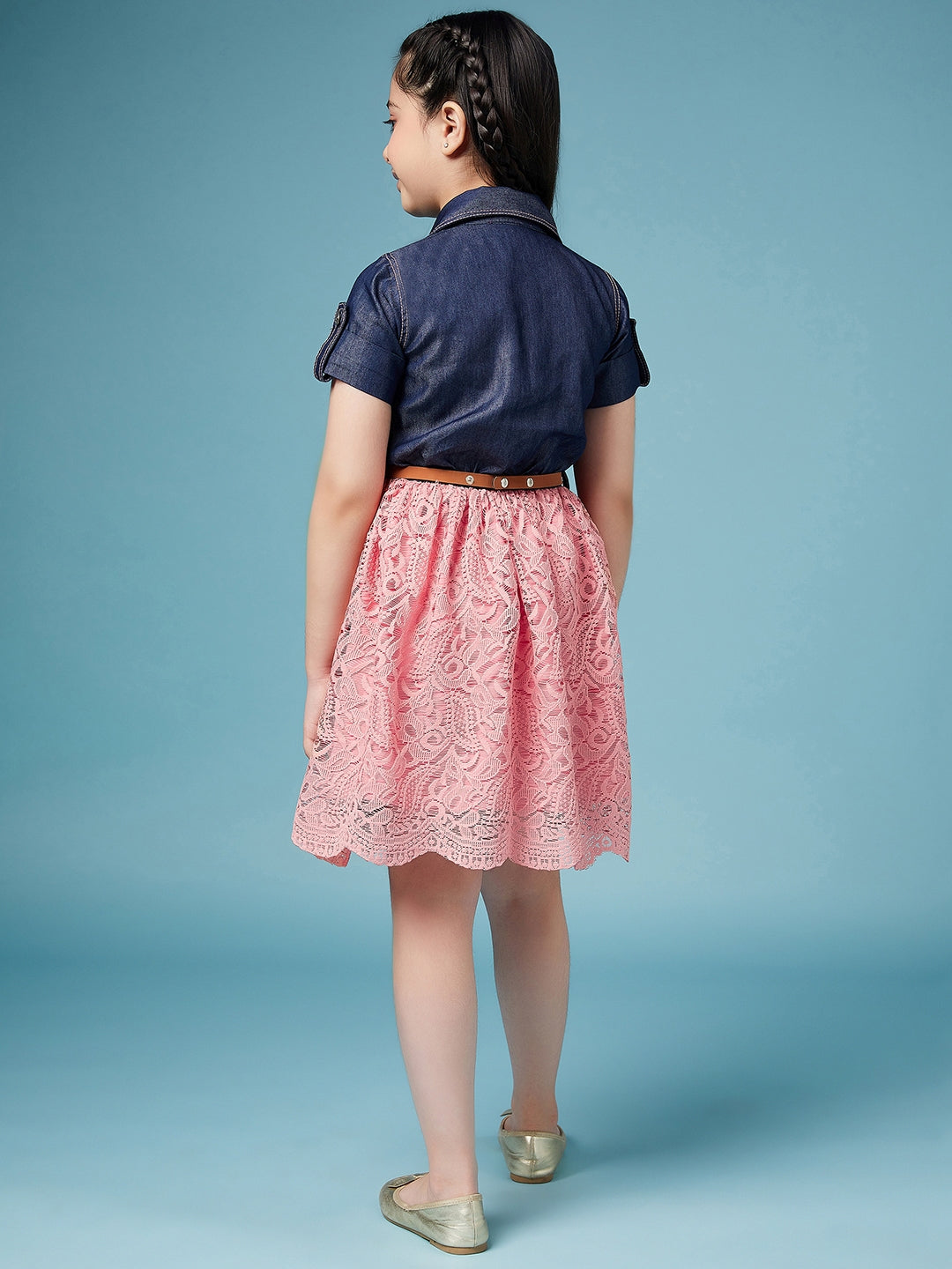 Girls Laced Floral Denim Shirt Dress (d-denimpink)
