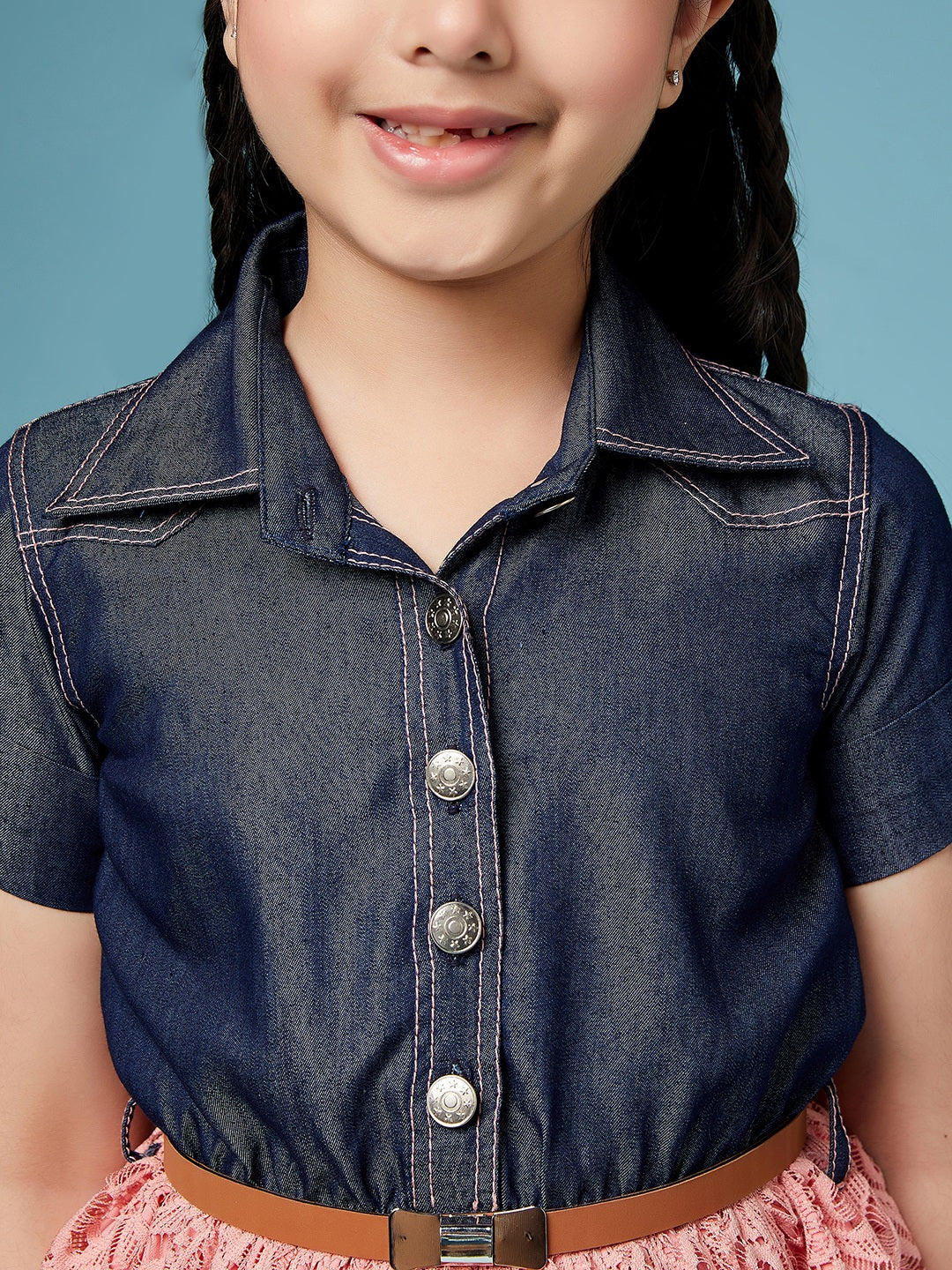 Girls Laced Floral Denim Shirt Dress (d-denimpink)
