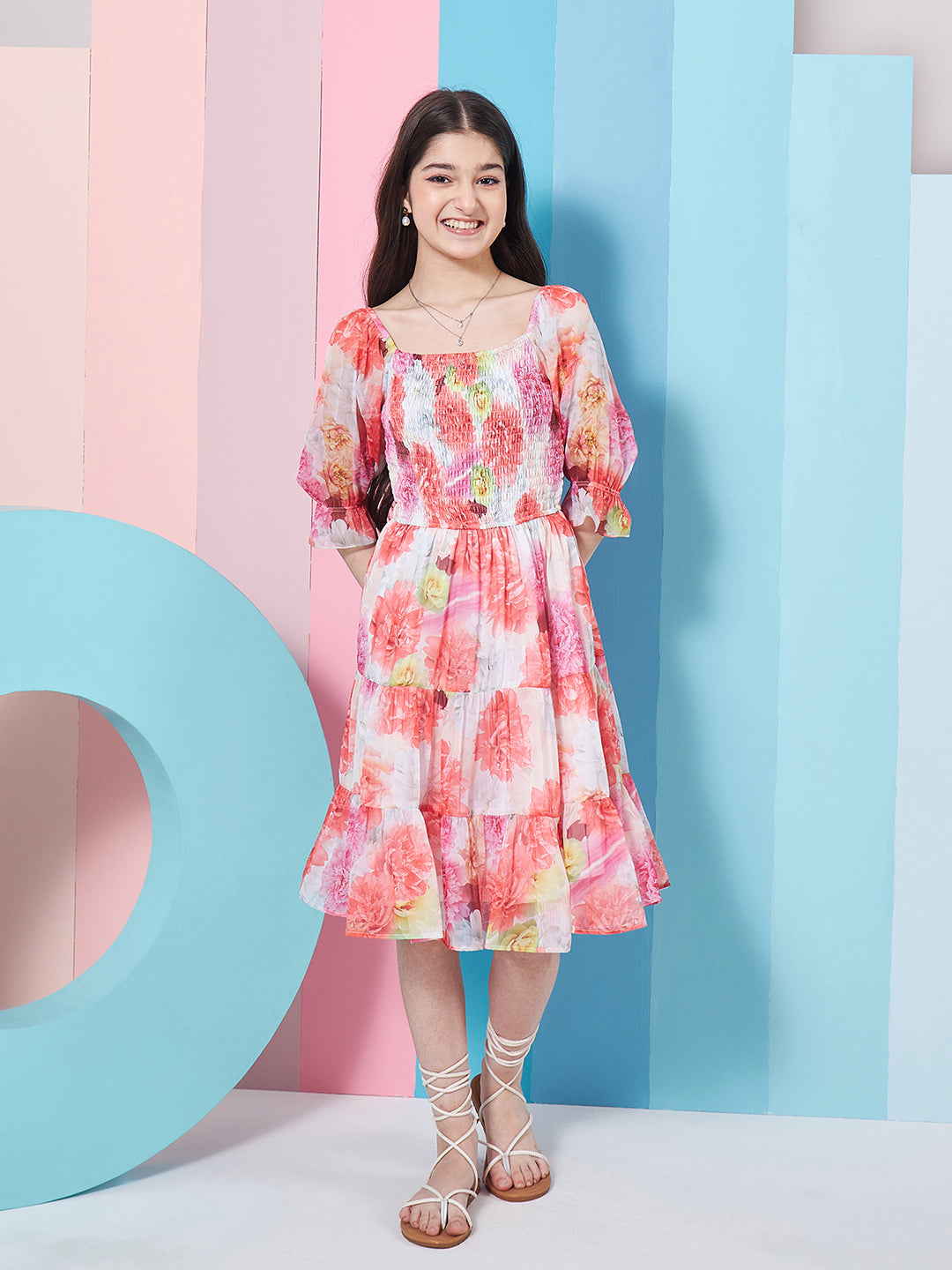 Girl's Floral Print Puff Sleeve Chiffon Fit Flare Dress Effortlessly Stylish Perfect for Every Occasion (d-digitalchiff)