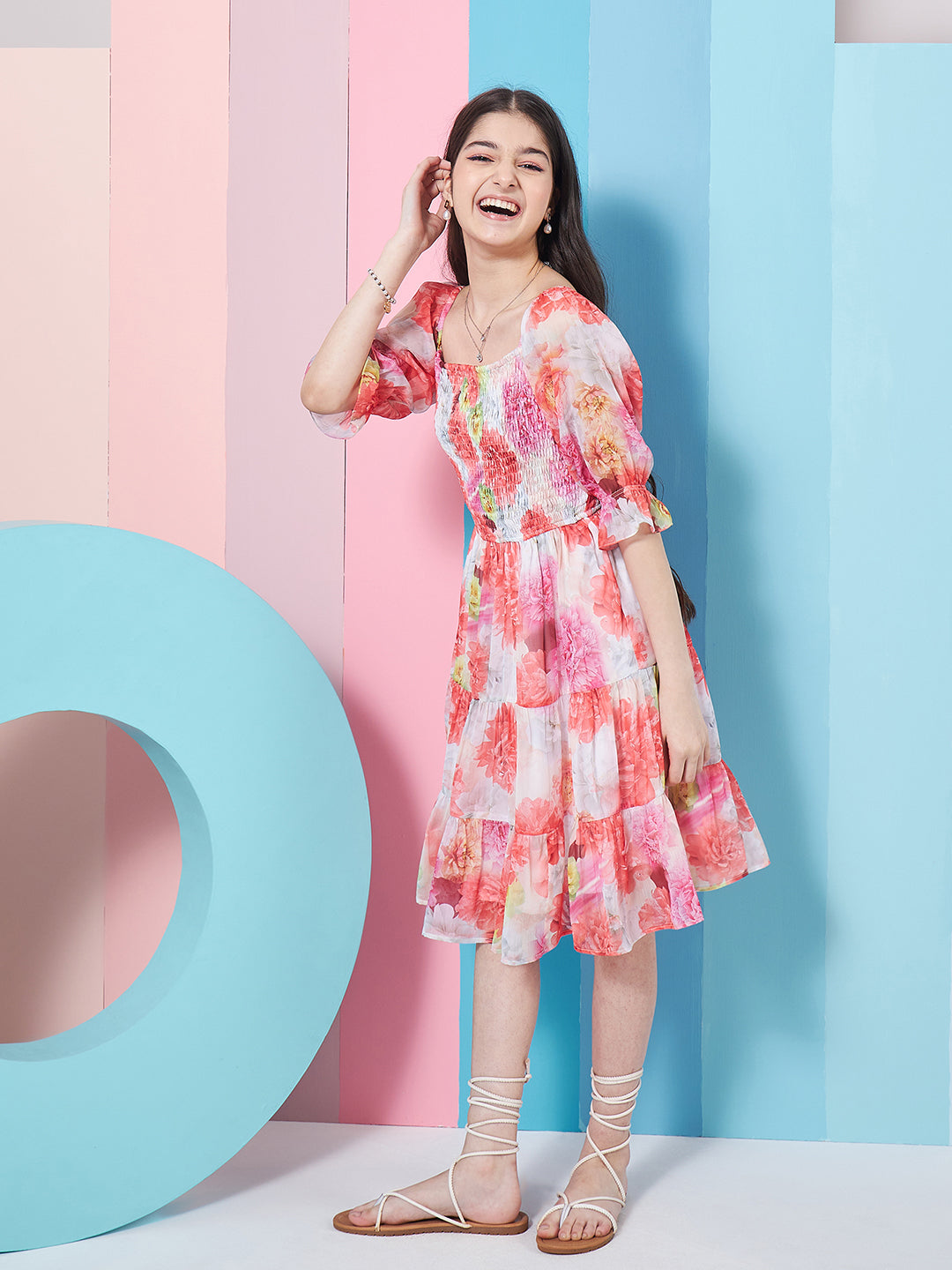 Girl's Floral Print Puff Sleeve Chiffon Fit Flare Dress Effortlessly Stylish Perfect for Every Occasion (d-digitalchiff)