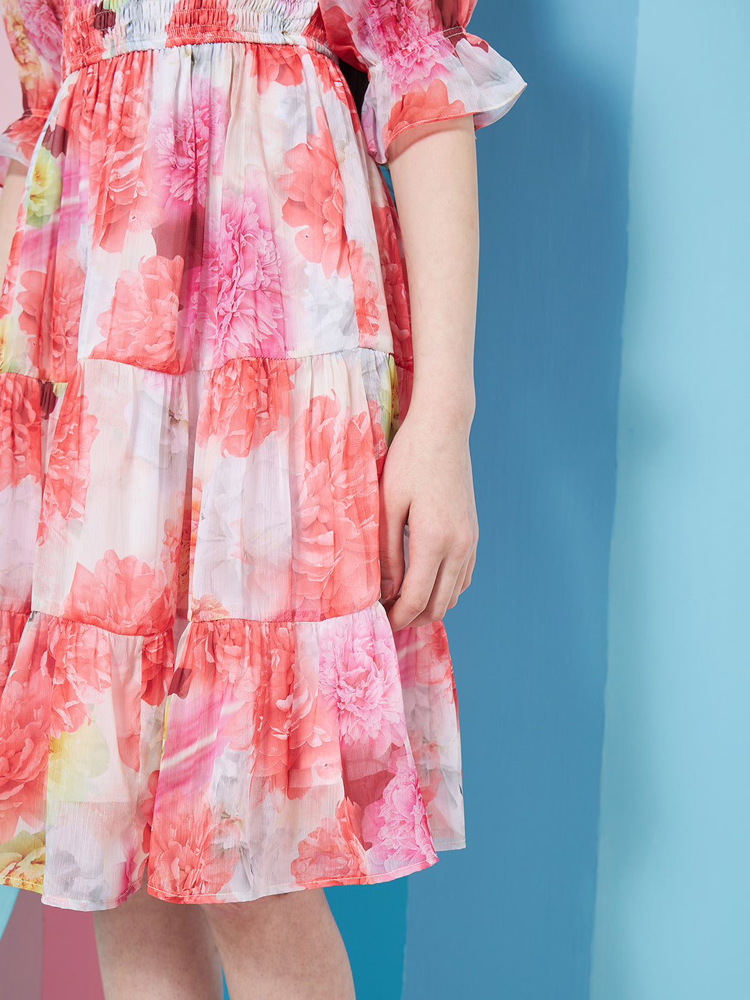 Girl's Floral Print Puff Sleeve Chiffon Fit Flare Dress Effortlessly Stylish Perfect for Every Occasion (d-digitalchiff)