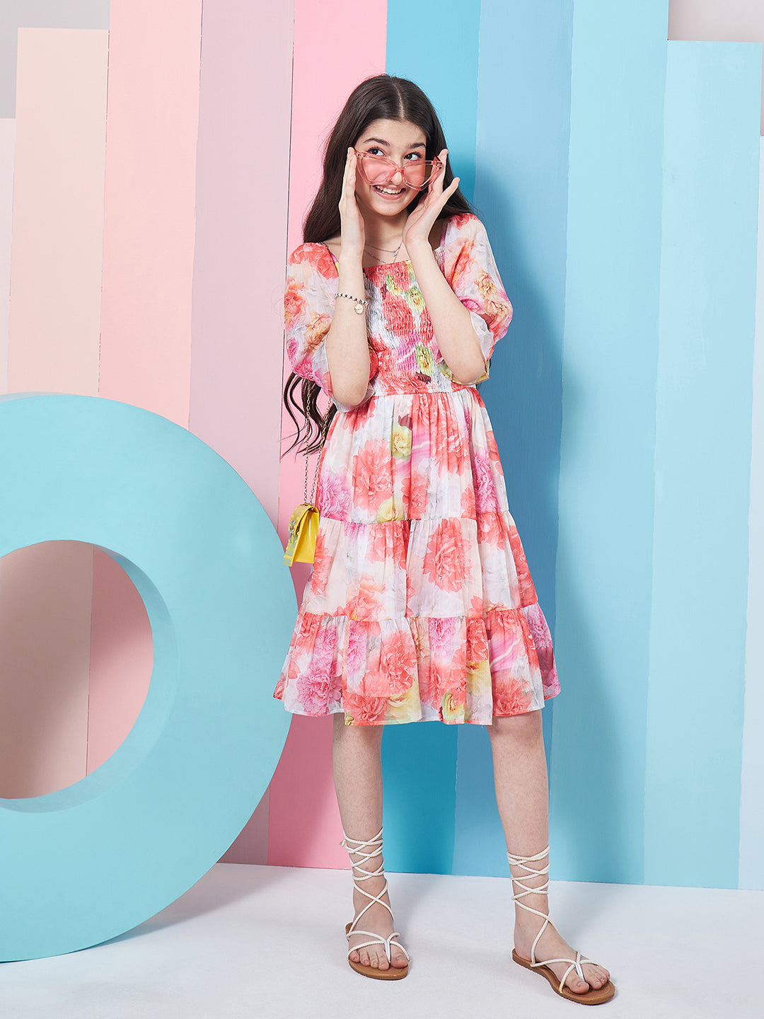 Girl's Floral Print Puff Sleeve Chiffon Fit Flare Dress Effortlessly Stylish Perfect for Every Occasion (d-digitalchiff)