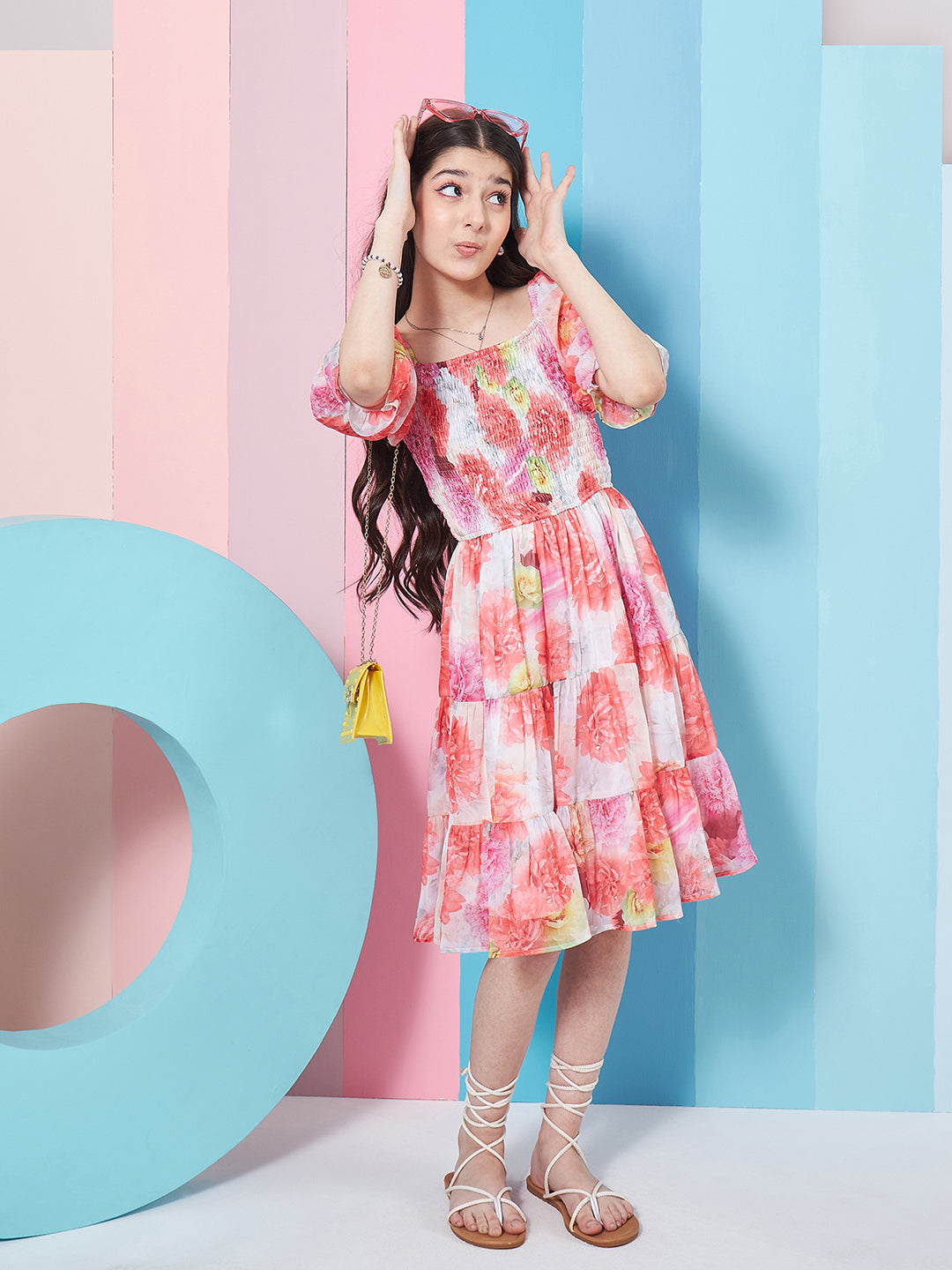Girl's Floral Print Puff Sleeve Chiffon Fit Flare Dress Effortlessly Stylish Perfect for Every Occasion (d-digitalchiff)