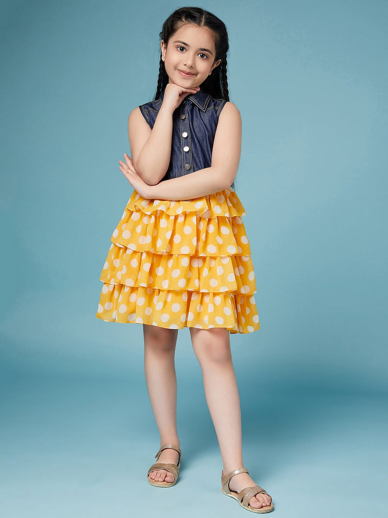 Pspeaches Girls Polka Dots Printed Shirt Collar Layered Dress (d-dlemon)