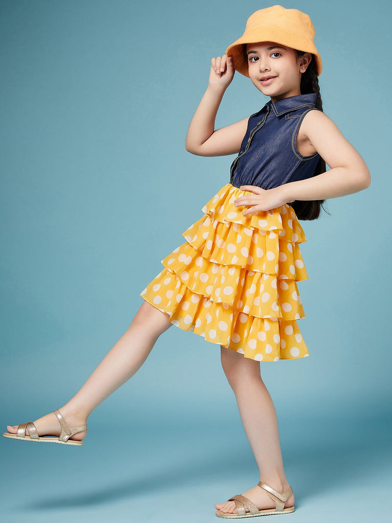 Pspeaches
Girls Polka Dots Printed Shirt Collar Layered Dress (d-dlemon)