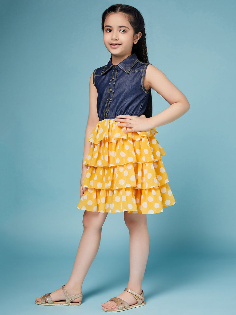 Pspeaches
Girls Polka Dots Printed Shirt Collar Layered Dress (d-dlemon)