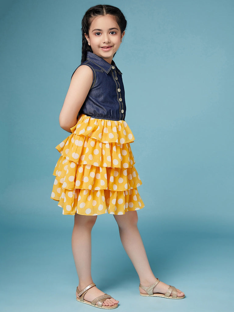 Pspeaches
Girls Polka Dots Printed Shirt Collar Layered Dress (d-dlemon)