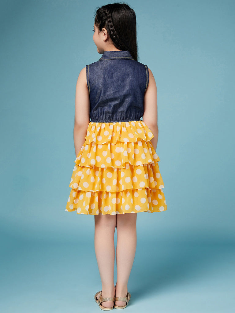 Pspeaches
Girls Polka Dots Printed Shirt Collar Layered Dress (d-dlemon)