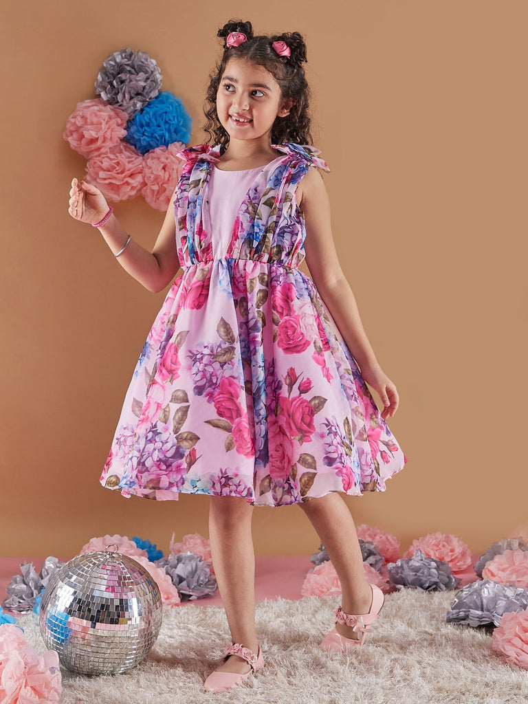 Girl's Floral Print Round Neck Sleeveless A-Line Purple Dress Effortlessly Stylish Perfect for Everyday wear (d-floralorganza)