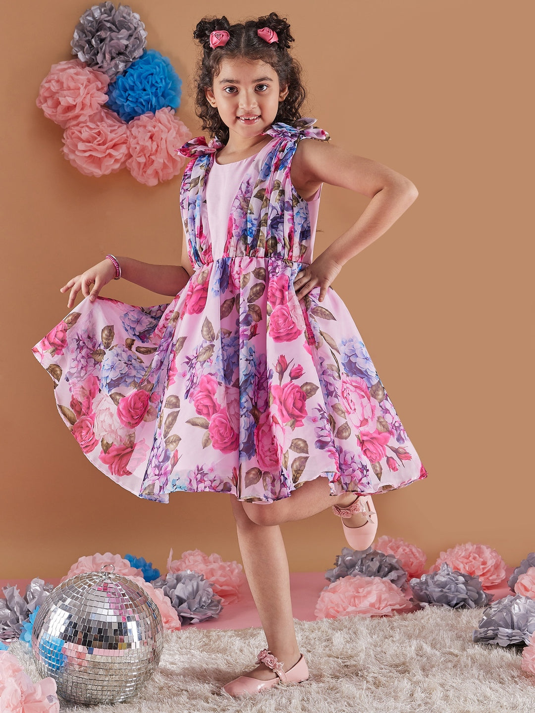 Girl's Floral Print Round Neck Sleeveless A-Line Purple Dress Effortlessly Stylish Perfect for Everyday wear (d-floralorganza)