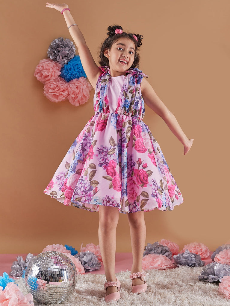 Girl's Floral Print Round Neck Sleeveless A-Line Purple Dress Effortlessly Stylish Perfect for Everyday wear (d-floralorganza)