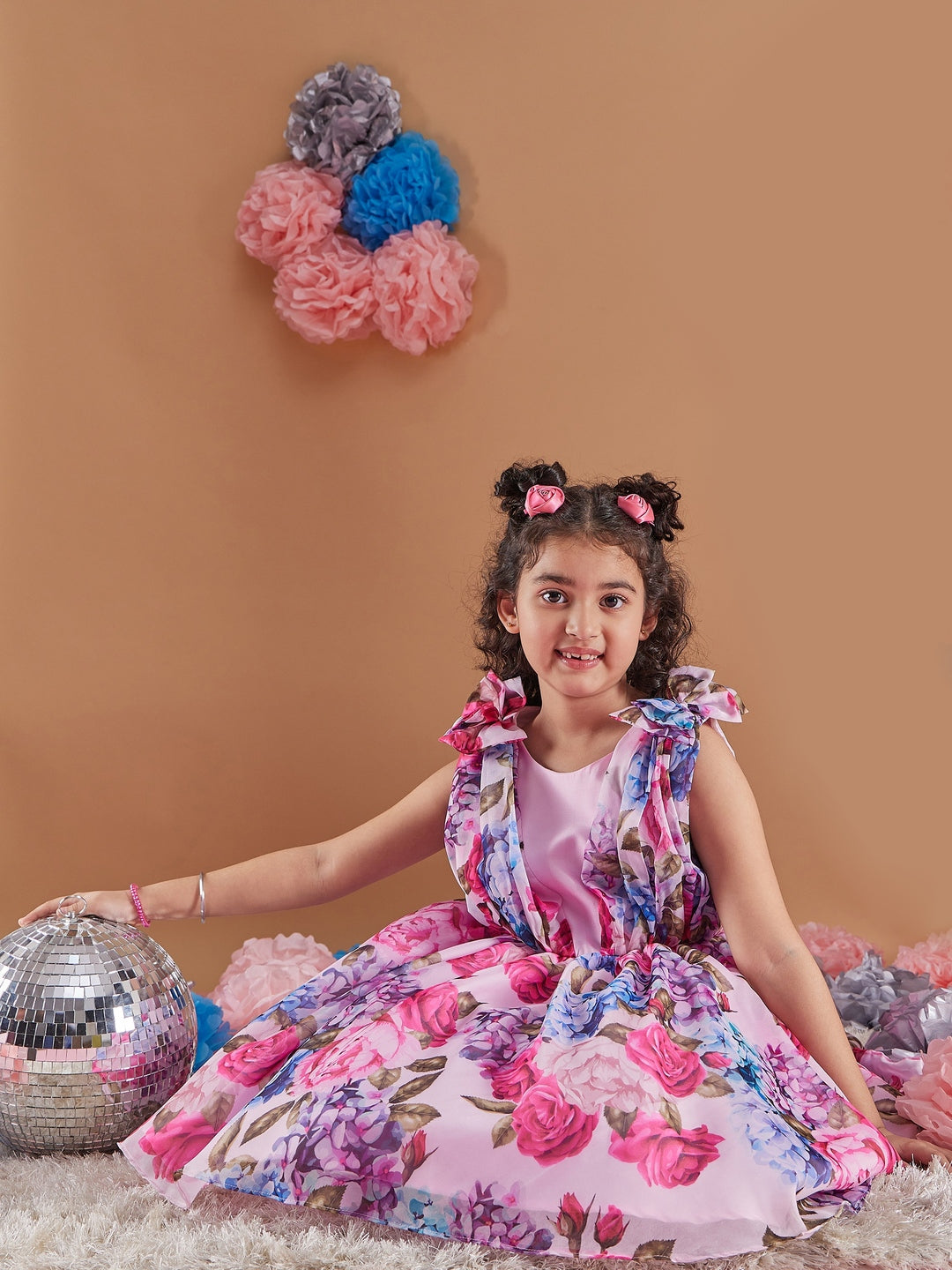 Girl's Floral Print Round Neck Sleeveless A-Line Purple Dress Effortlessly Stylish Perfect for Everyday wear (d-floralorganza)