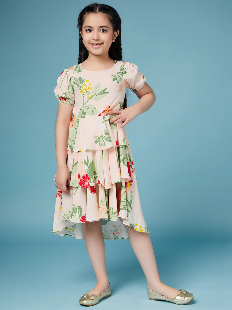 Girls High Low Layered Floral print fit & flare Round neck puff sleeve Casual Dress (d-floralpink)