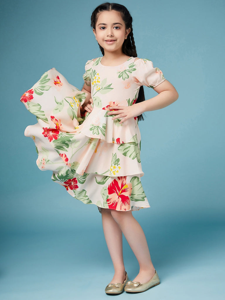 Girls High Low Layered Floral print fit & flare Round neck puff sleeve Casual Dress (d-floralpink)