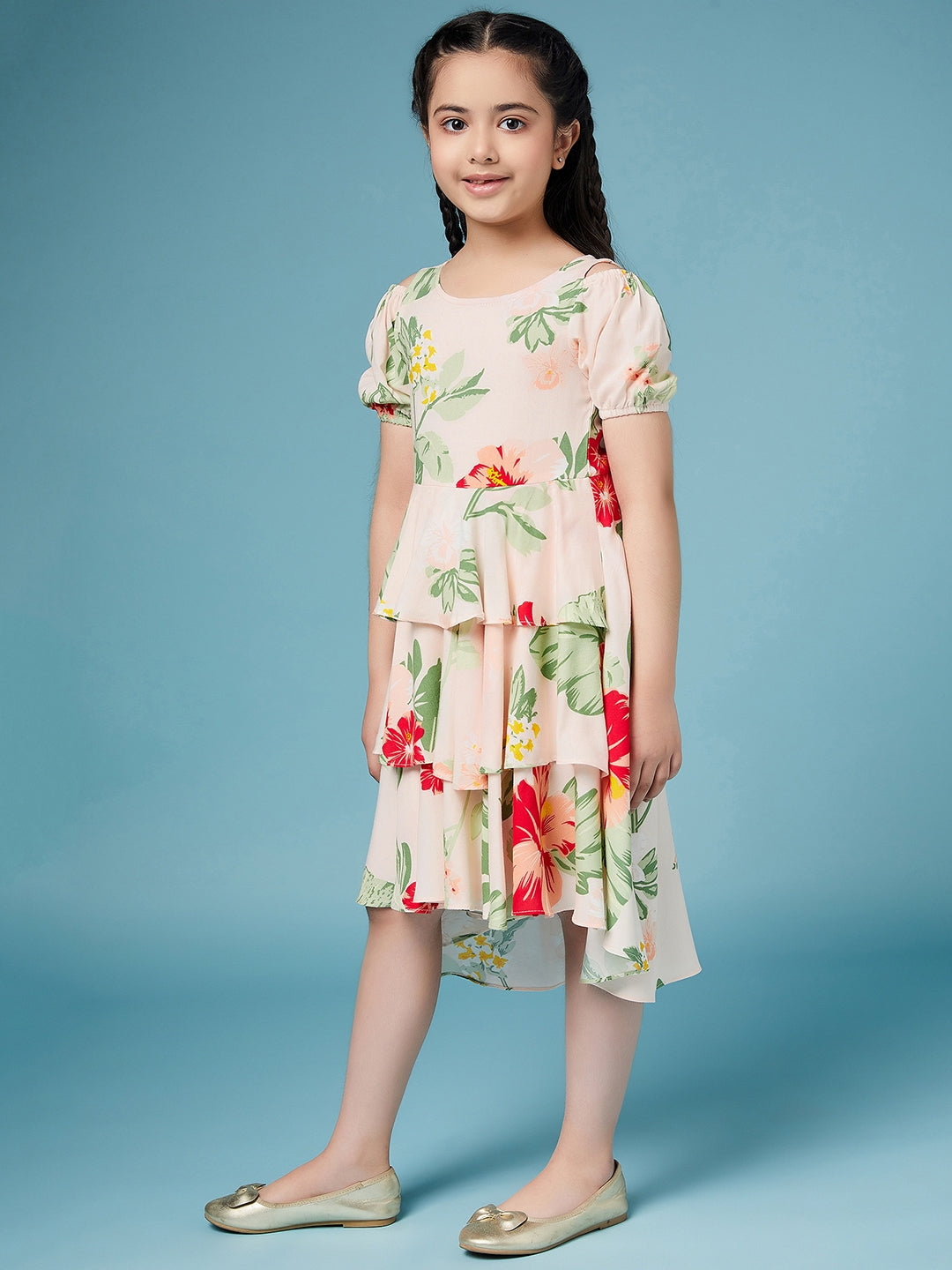 Girls High Low Layered Floral print fit & flare Round neck puff sleeve Casual Dress (d-floralpink)