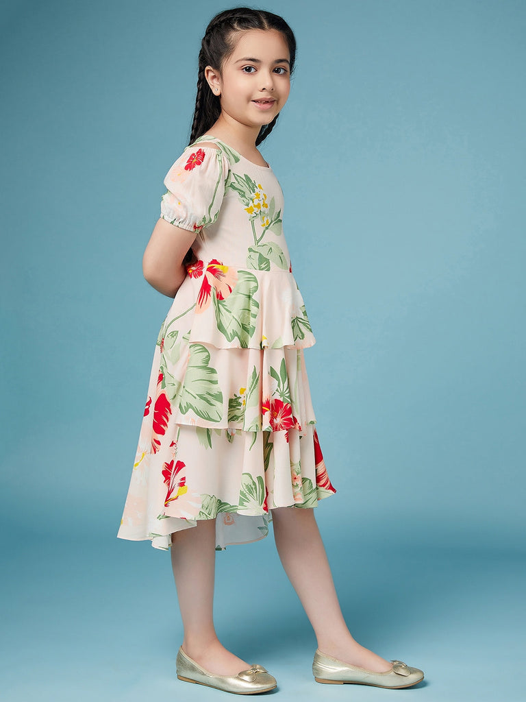 Girls High Low Layered Floral print fit & flare Round neck puff sleeve Casual Dress (d-floralpink)