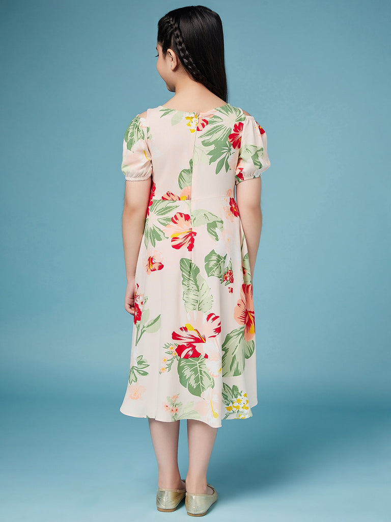 Girls High Low Layered Floral print fit & flare Round neck puff sleeve Casual Dress (d-floralpink)