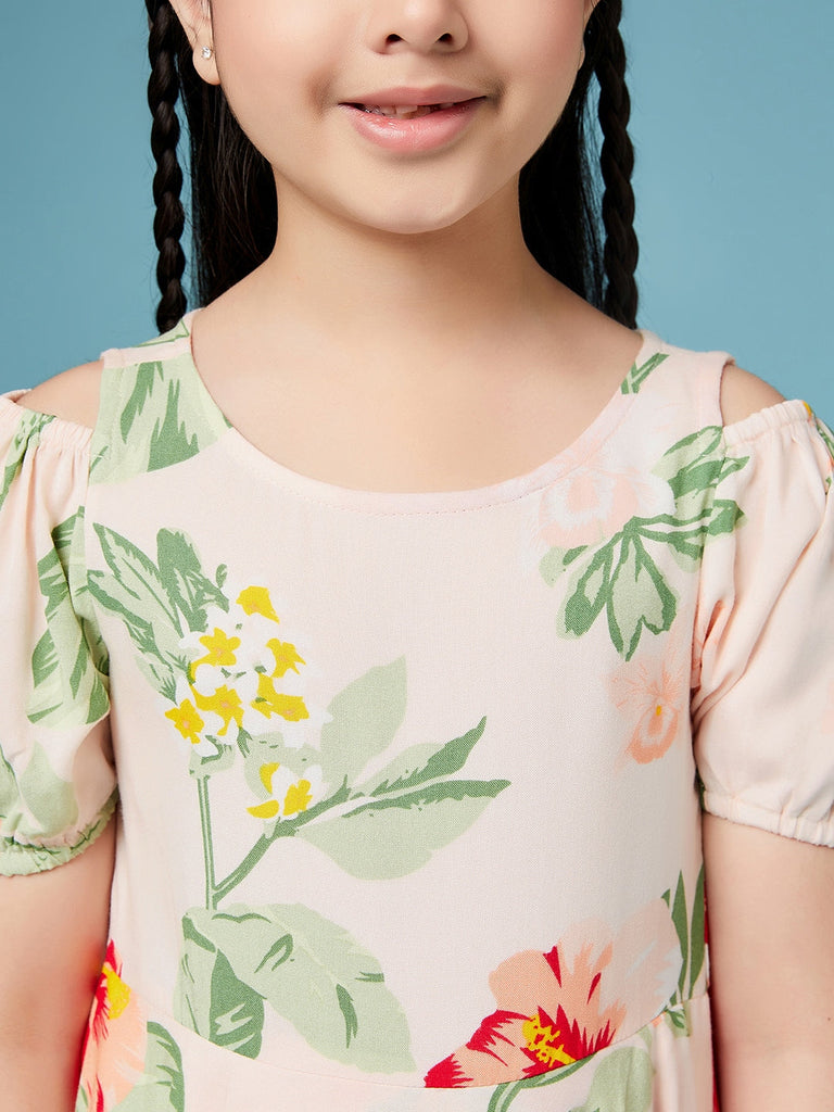Girls High Low Layered Floral print fit & flare Round neck puff sleeve Casual Dress (d-floralpink)