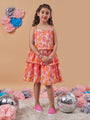 Girl's Floral Printed Layered Fit Flare Dress Orange Color Tendy Style for Every Occasion (d-floralpleat)