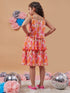 Girl's Floral Printed Layered Fit Flare Dress Orange Color Tendy Style for Every Occasion (d-floralpleat)