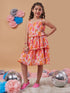 Girl's Floral Printed Layered Fit Flare Dress Orange Color Tendy Style for Every Occasion (d-floralpleat)