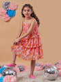 Girl's Floral Printed Layered Fit Flare Dress Orange Color Tendy Style for Every Occasion (d-floralpleat)