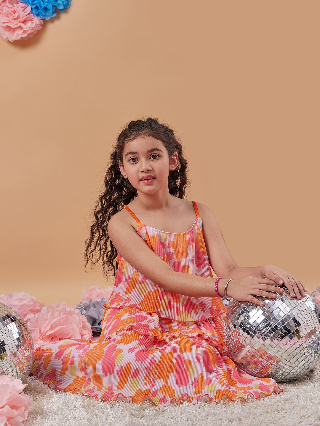 Girl's Floral Printed Layered Fit Flare Dress Orange Color Tendy Style for Every Occasion (d-floralpleat)