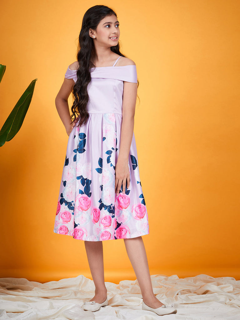 Girls Floral Printed Cold Shoulder Pleated Satin Fit & Flare Knee Length Casual Dress (d-floralsatin)