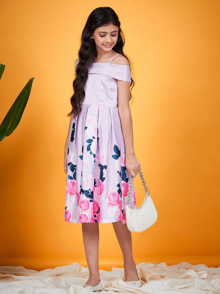 Girls Floral Printed Cold Shoulder Pleated Satin Fit & Flare Knee Length Casual Dress (d-floralsatin)