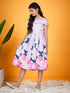 Girls Floral Printed Cold Shoulder Pleated Satin Fit & Flare Knee Length Casual Dress (d-floralsatin)