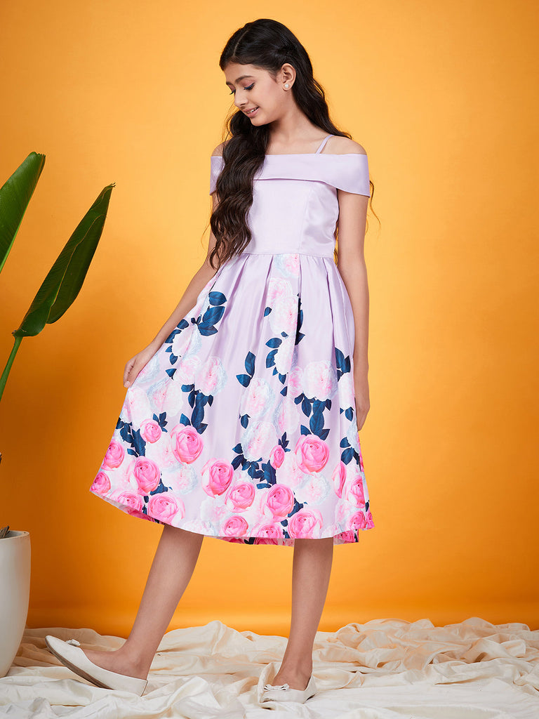 Girls Floral Printed Cold Shoulder Pleated Satin Fit & Flare Knee Length Casual Dress (d-floralsatin)
