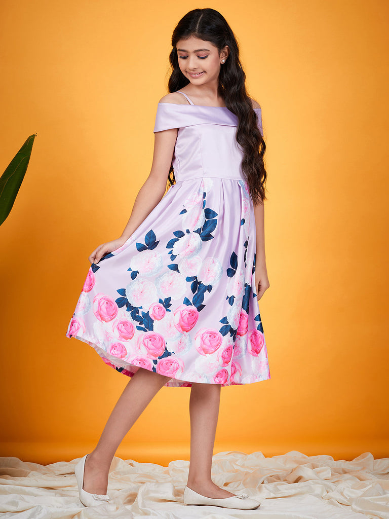 Girls Floral Printed Cold Shoulder Pleated Satin Fit & Flare Knee Length Casual Dress (d-floralsatin)