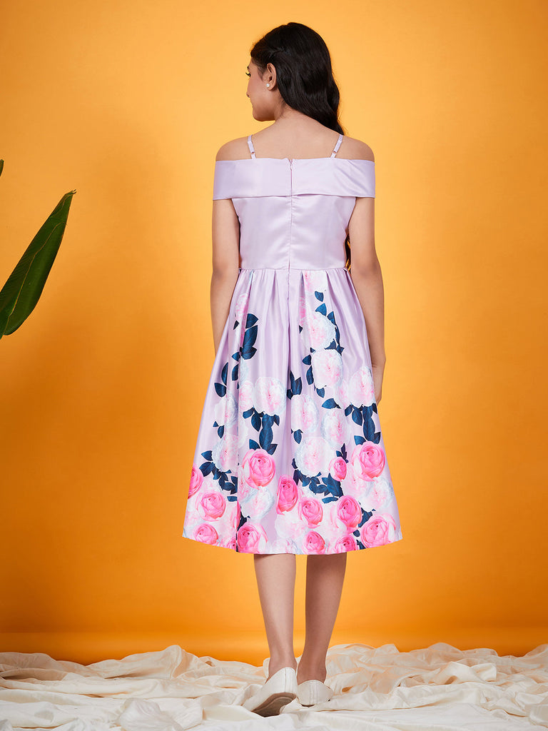 Girls Floral Printed Cold Shoulder Pleated Satin Fit & Flare Knee Length Casual Dress (d-floralsatin)