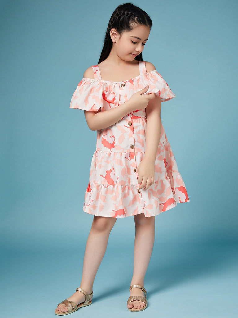 Girls Floral Puff Sleeve Dress (d-flowerpeach)