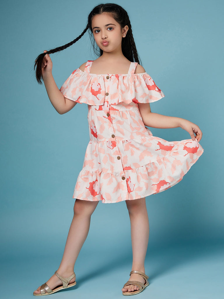 Girls Floral Puff Sleeve Dress (d-flowerpeach)