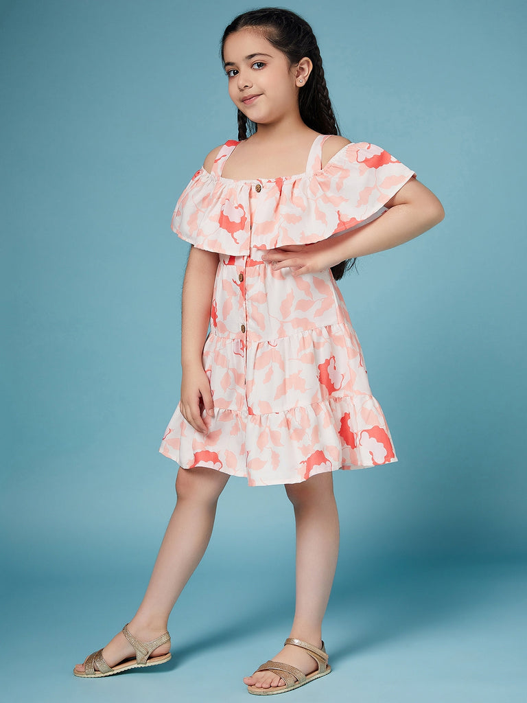 Girls Floral Puff Sleeve Dress (d-flowerpeach)