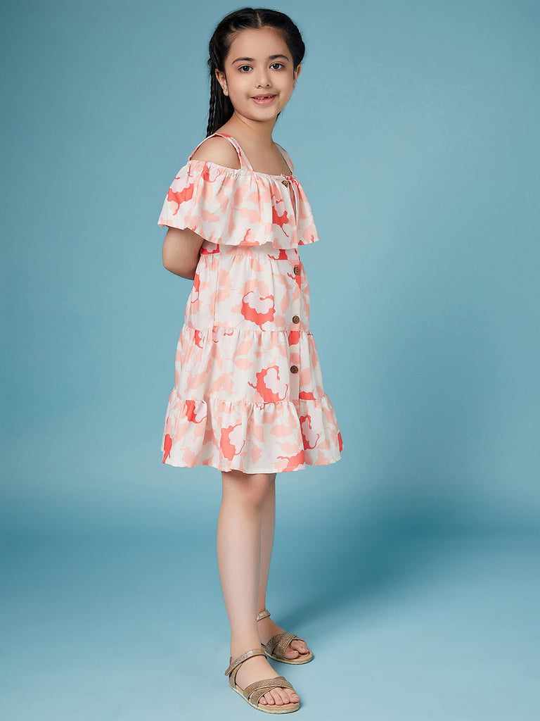 Girls Floral Puff Sleeve Dress (d-flowerpeach)