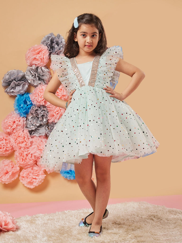 Girl's Polka Dot Printed Gathered Net Fit Flare Dress Blue Color Casual Wear Printed Dress (d-foilblue)