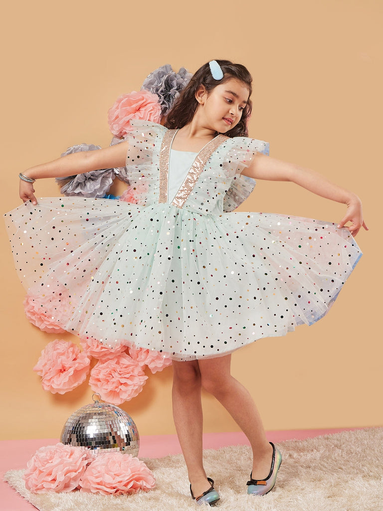 Girl's Polka Dot Printed Gathered Net Fit Flare Dress Blue Color Casual Wear Printed Dress (d-foilblue)
