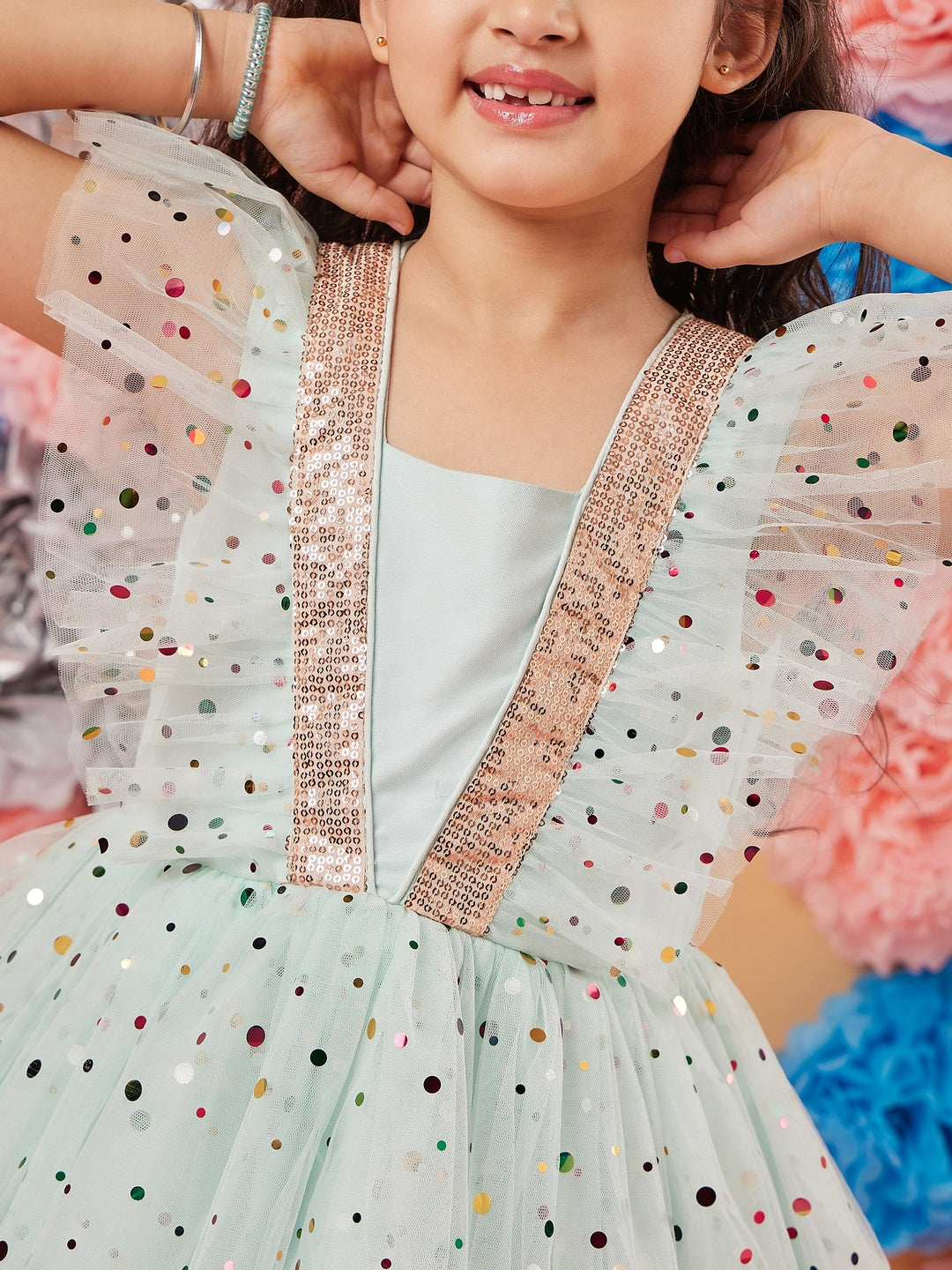 Girl's Polka Dot Printed Gathered Net Fit Flare Dress Blue Color Casual Wear Printed Dress (d-foilblue)