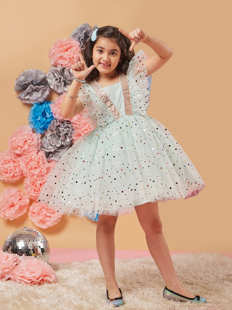Girl's Polka Dot Printed Gathered Net Fit Flare Dress Blue Color Casual Wear Printed Dress (d-foilblue)