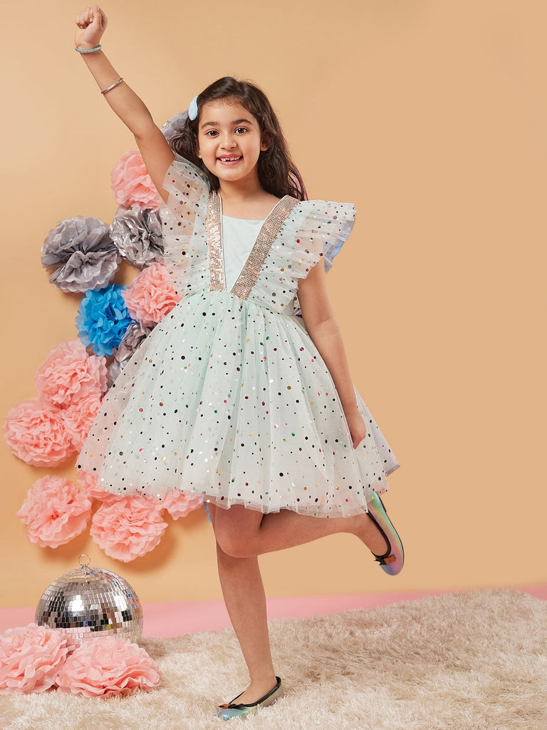 Girl's Polka Dot Printed Gathered Net Fit Flare Dress Blue Color Casual Wear Printed Dress (d-foilblue)