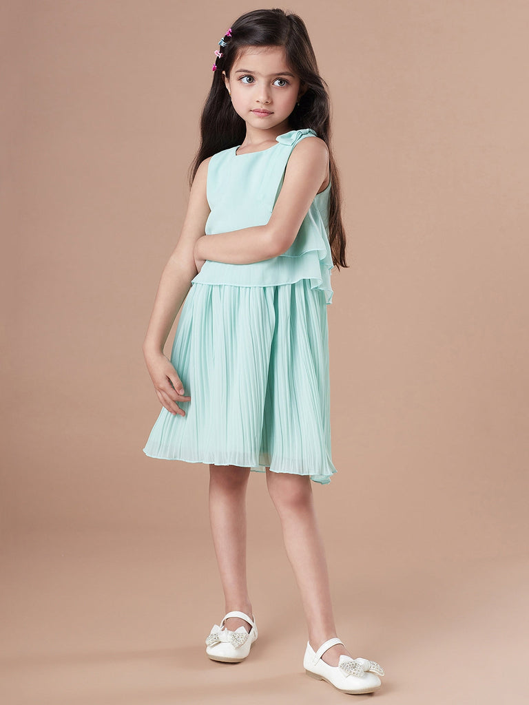 Girls Round Neck Georgette Green solid fit & flare Sleeveless Casual dress (d-geopleat)