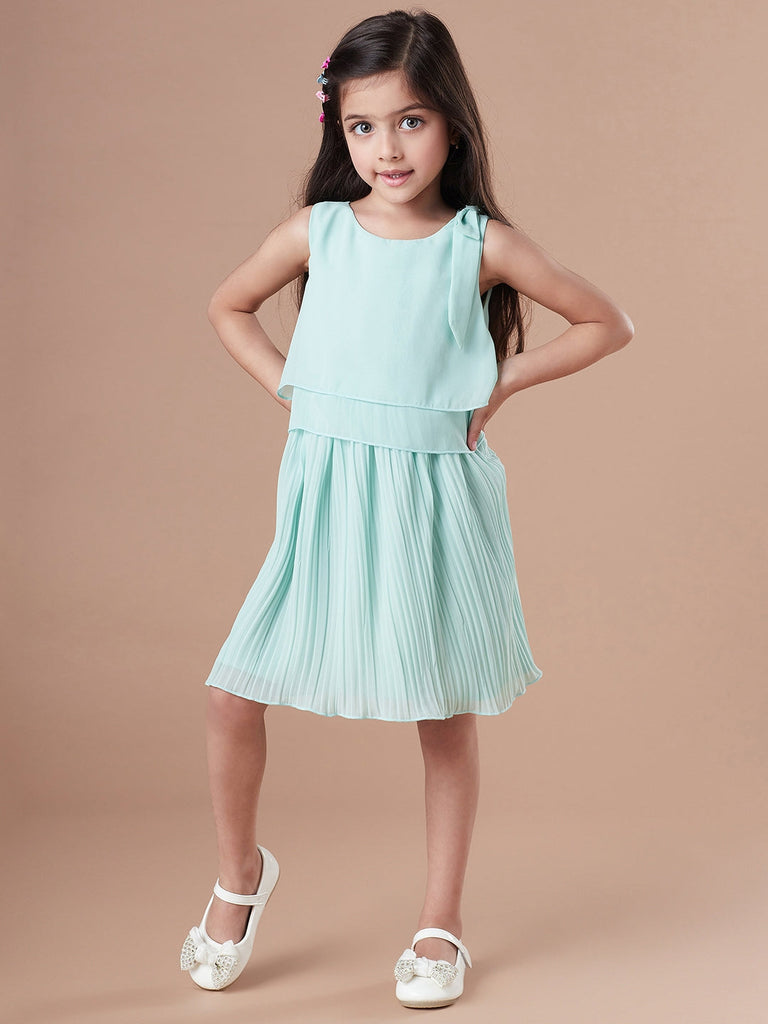 Girls Round Neck Georgette Green solid fit & flare Sleeveless Casual dress (d-geopleat)