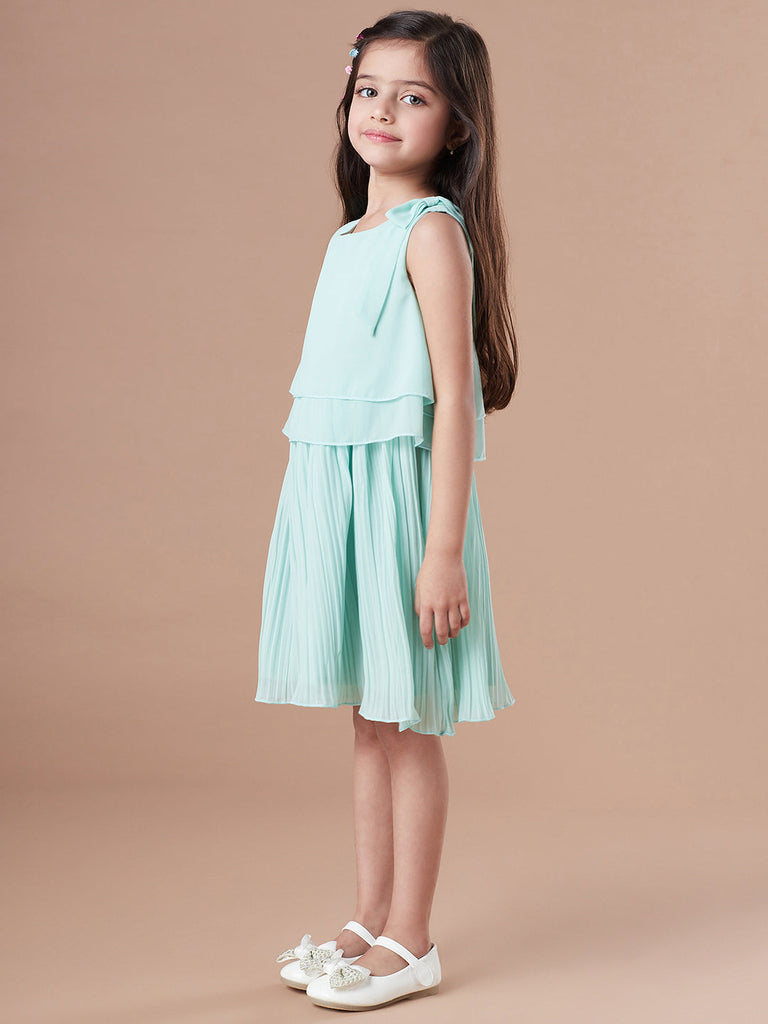 Girls Round Neck Georgette Green solid fit & flare Sleeveless Casual dress (d-geopleat)